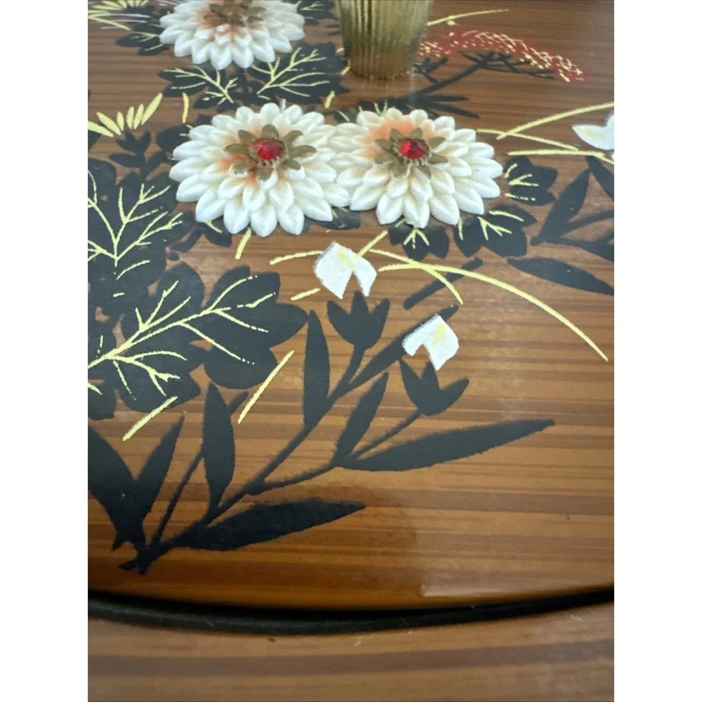 Vintage Westland Serving Dish Lacquered Black/Faux Wood Floral Raised Petals Lid